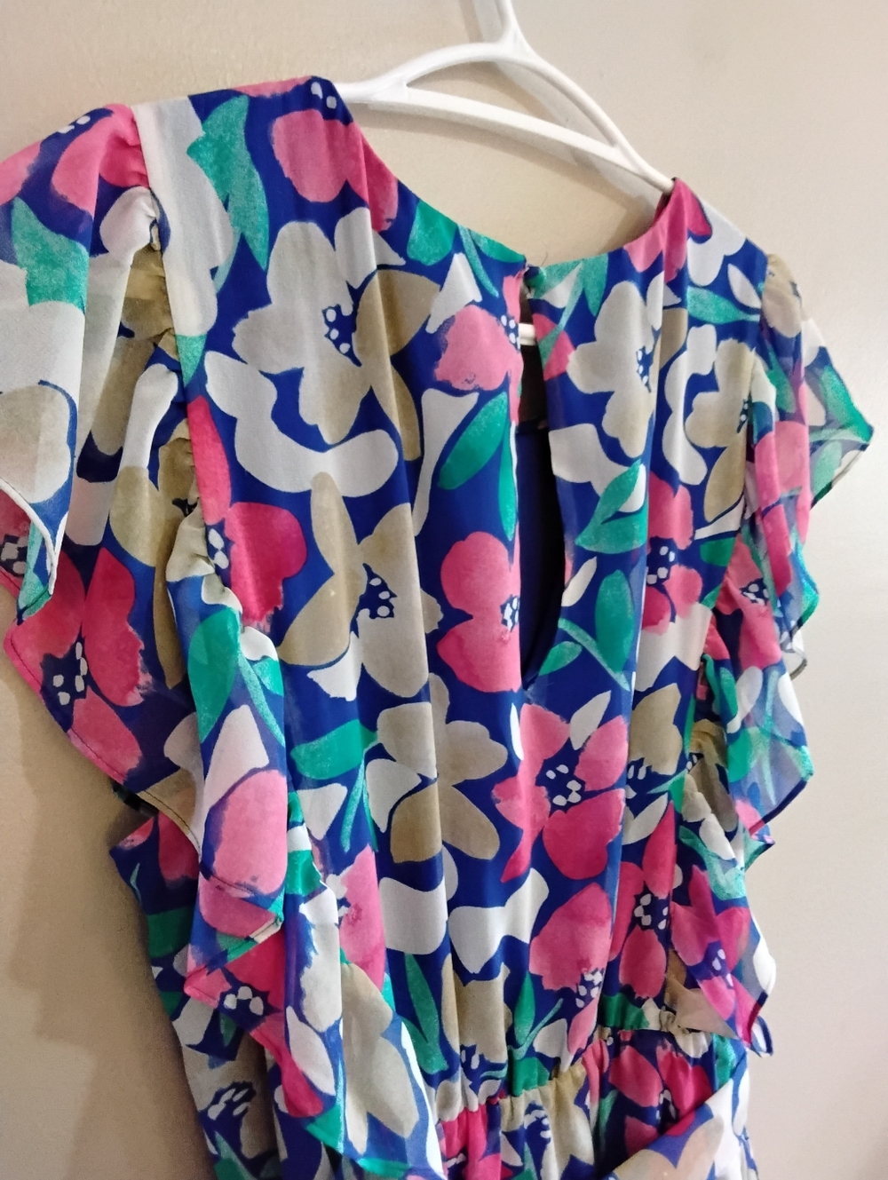 Calvin Klein Blue Floral Flutter Sleeve Dress with Tie Waist – Size 12 EUC - Picture 12 of 16